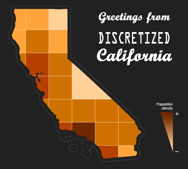 La mappa della California è stata divisa in riquadri. Ciascun riquadro ha un colore di una certa intensità, ad indicare la densità abitativa in quella zona.