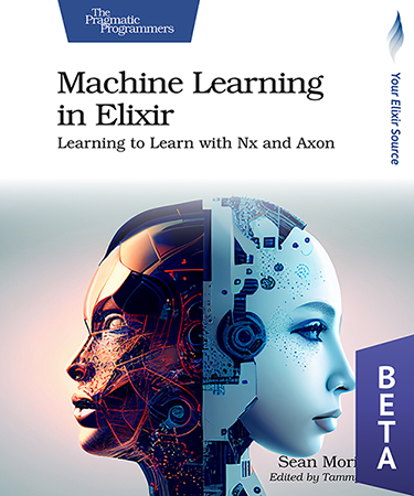 La copertina di Machine Learning in Elixir mostra il disegno di due volti dalle fattezze umane decorati da catteristiche astratte e artificiali, che richiamano ai robot.